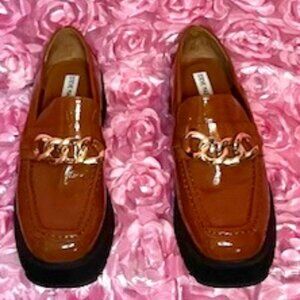 Patent Leather Brown Loafers with gold buckle